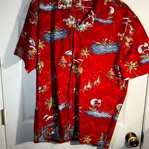 Red Hawaiian Shirt with Surfing Santa Print